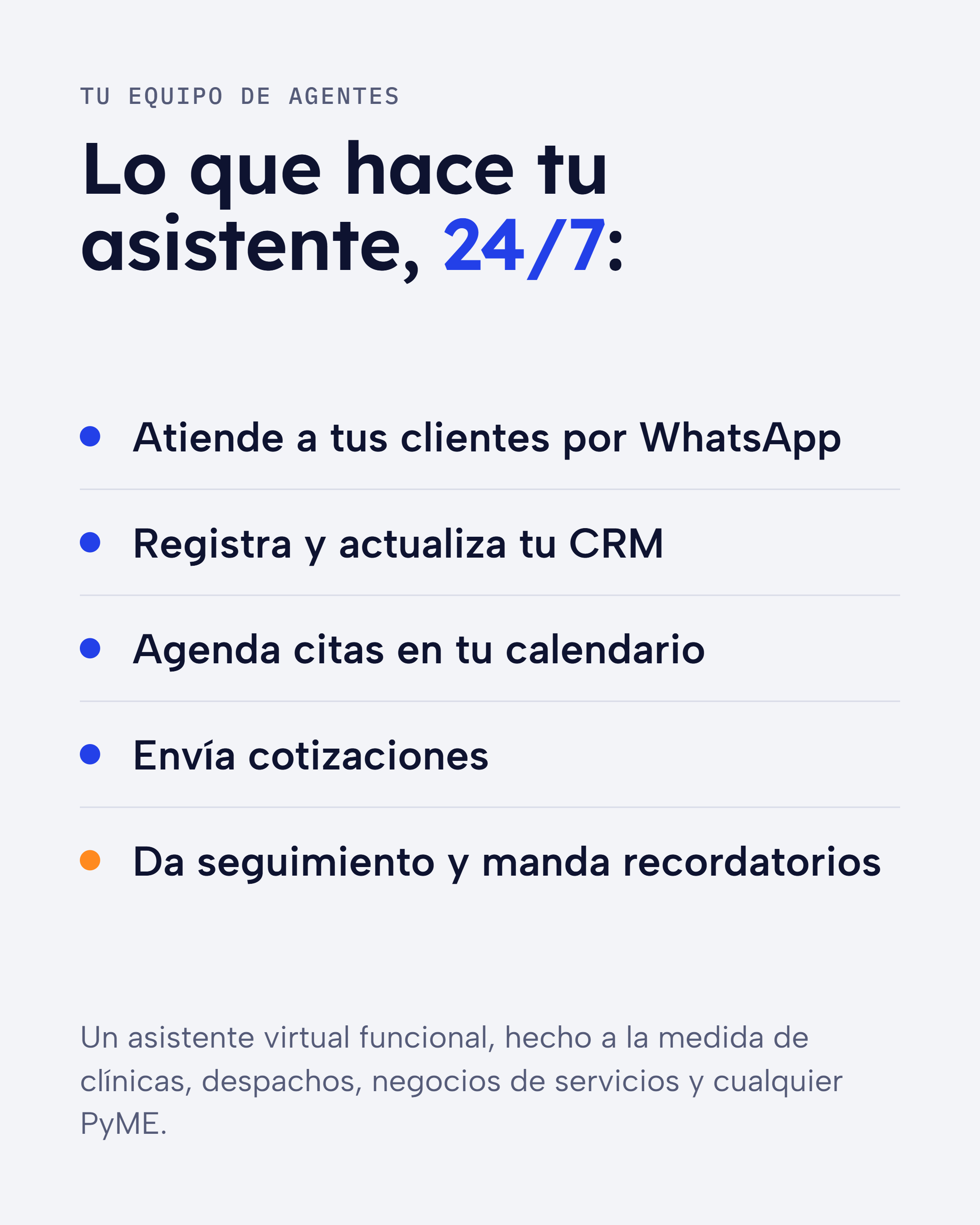 Lo que hace tu asistente 24/7: WhatsApp, CRM, Calendario, Cotizaciones y Seguimiento